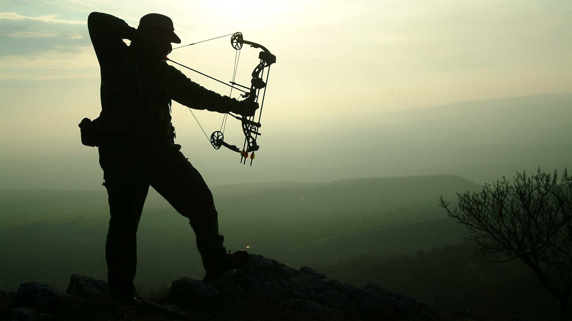 Silhouette of a bowhunter drawing a compound bow on a hilltop at dusk in Hungary